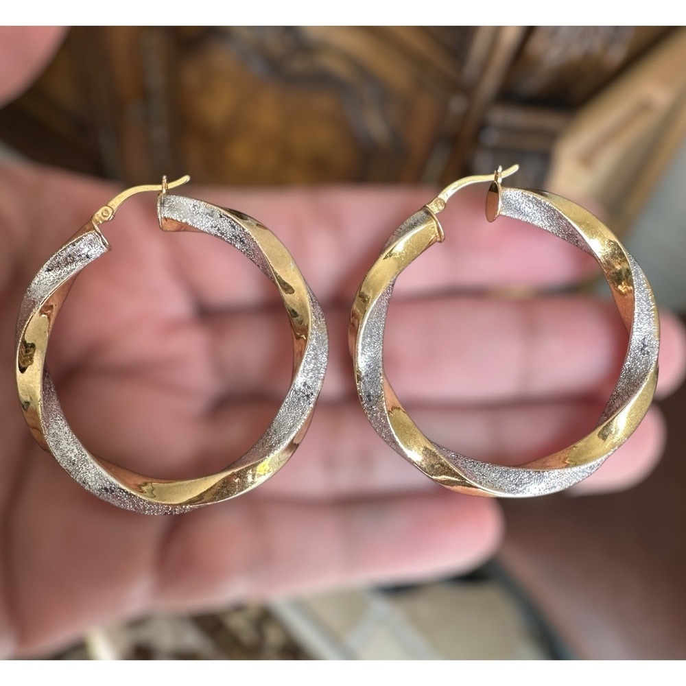 Vintage SLC Hoop Earrings 1.75 Inch Twist Texture Silver Gold‎ 925 Sterling 8.9g